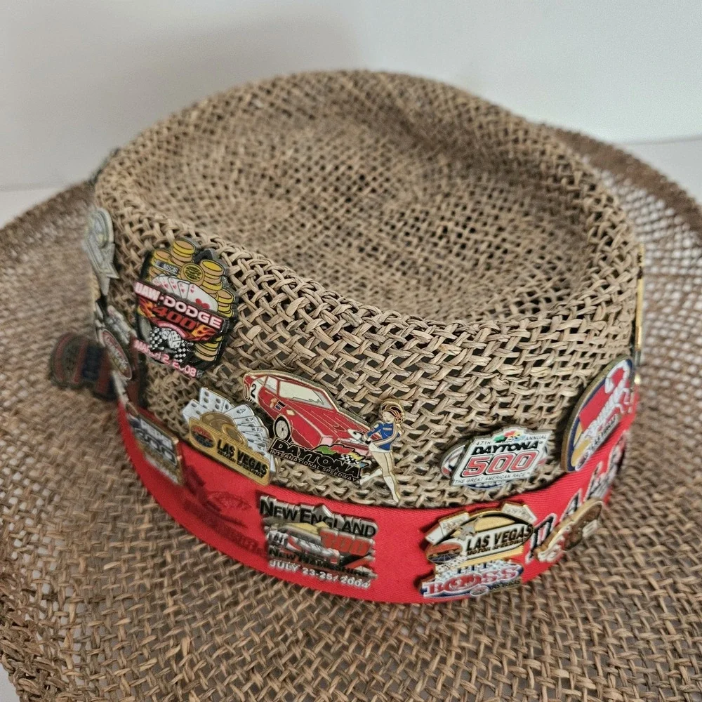 Dale Earnhardt Straw Hat With 40 Racing Pins NASCAR Automobile Some Vintage